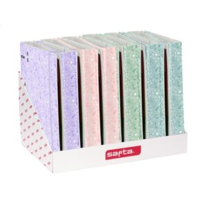 safta expositor con 12 carpetas de 4 anillas 35mm tapas de pp foam incluye 100 hojas cierre elastico ranura para boligrafo separadores internos colores surtidos