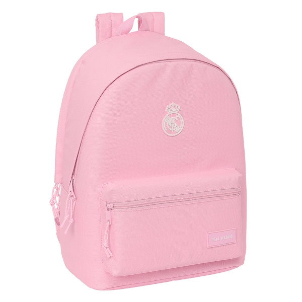 safta real madrid chica mochila para portatil hasta 15.6" antirrobo conector usb base acolchada bolsillo frontal hombreras ergonomicas asa superior 310x180x440mm color rosa