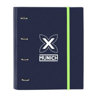 safta munich blue indigo carpeta con 4 anillas 35mm tapas duras forradas recambio 100 hojas cuadriculas 5x5mm cierre elastico separadores internos 270x35x320mm color azul marino