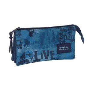 safta new edition portatodo 3 compartimentos con cremalleras bolsillo interior 0.6l 220x30x120mm color azul