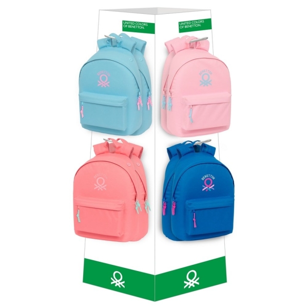safta benetton basicos expositor con 8 ganchos para mochilas carton reciclado estructura robusta compacto y espacioso moderno y responsable 420x420x1600mm colores surtidos