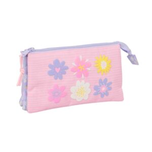 safta bouquet portatodo 3 compartimentos con cremalleras bolsillo interior 0.6l 220x30x120mm color rosa pastel