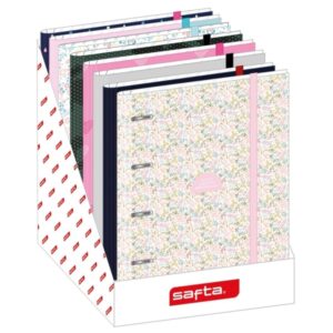 safta expositor con 8 carpetas de 4 anillas 35mm material resistente incluye 100 hojas por carpeta 290x340x340mm colores surtidos