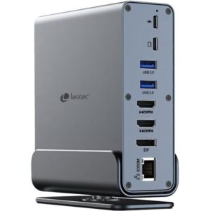 leotec leds06 docking station usb c 15 en 1 2x hdmi 4k + displayport power delivery 100w ethernet gigabit 5x usb + usb c lector sd y microsd jack 3.5 mm color gris aluminio