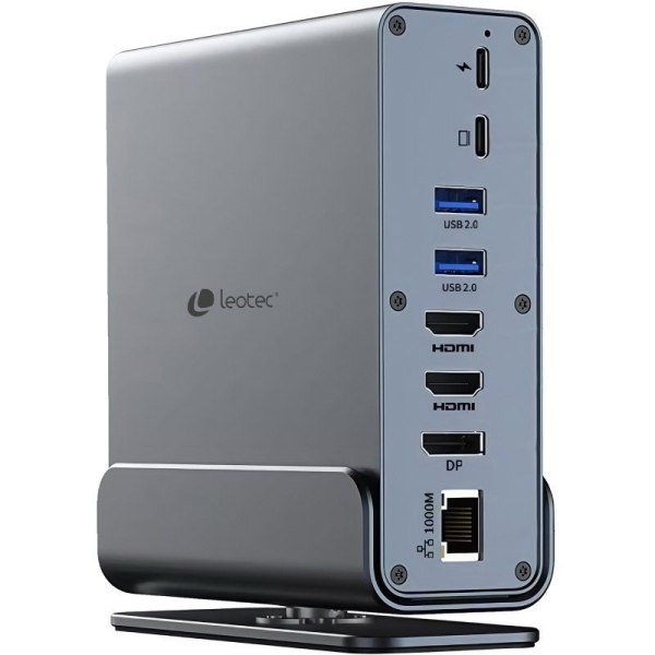 leotec leds06 docking station usb c 15 en 1 2x hdmi 4k + displayport power delivery 100w ethernet gigabit 5x usb + usb c lector sd y microsd jack 3.5 mm color gris aluminio