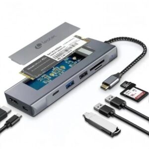 leotec leds07 docking station usb c 8 en 1 con ranura ssd m.2 hdmi 4k power delivery 100w usb 3.2 y usb c 10gbps lector sd y microsd compatible ssd nvme y sata cuerpo de aluminio