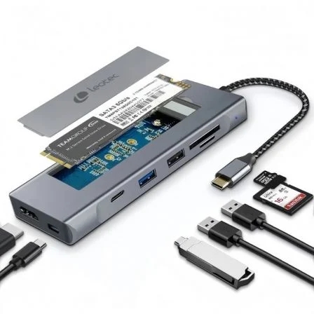 leotec leds07 docking station usb c 8 en 1 con ranura ssd m.2 hdmi 4k power delivery 100w usb 3.2 y usb c 10gbps lector sd y microsd compatible ssd nvme y sata cuerpo de aluminio