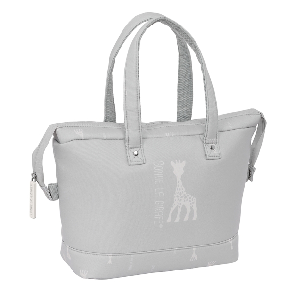 safta sophie la girafe mum bolso de 8.26l compartimento con cremallera bolsillo frontal interior forrado asas de mano 270x125x245mm color gris claro