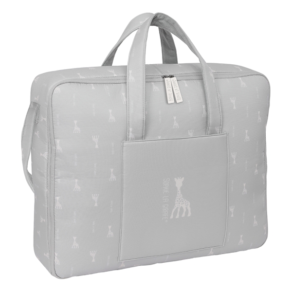 safta sophie la girafe mum maleta de bebe de 28l cremallera doble bolsillos internos forrada y acolchada bandolera ajustable asas superiores 500x140x400mm color gris claro