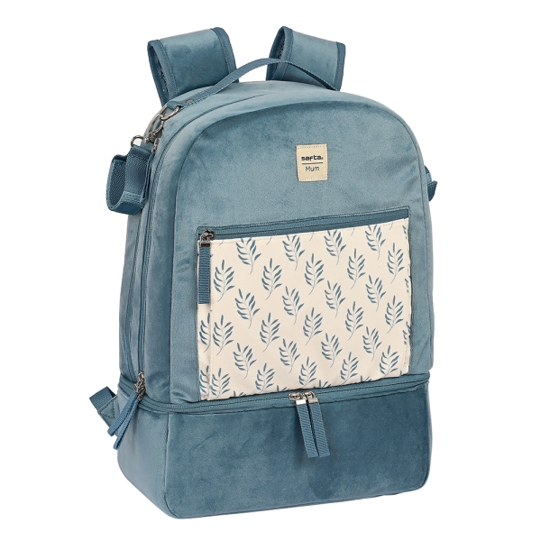 safta leaves mochila para carrito bebe de 19.4l cremallera doble bolsillo frontal bolsillo termo bolsillo lateral para biberones 300x150x430mm color azul