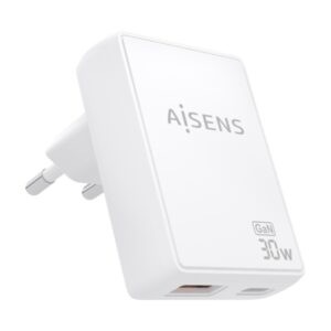 aisens cargador gan ultra delgado 30w 1xusb c pd3.0 qc4.0 1xusb a qc3.0 tecnologia ai color blanco