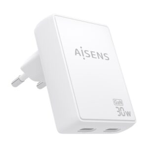aisens cargador gan ultra delgado 30w 2xusb c pd3.0 qc4.0 tecnologia ai color blanco