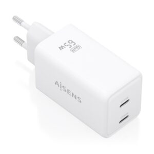 aisens cargador gan 65w 2xusb c pd3.0 qc4.0 tecnologia ai color blanco