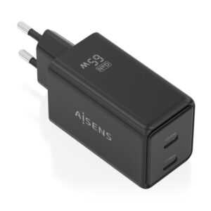 aisens cargador gan 65w 2xusb c pd3.0 qc4.0 tecnologia ai color negro