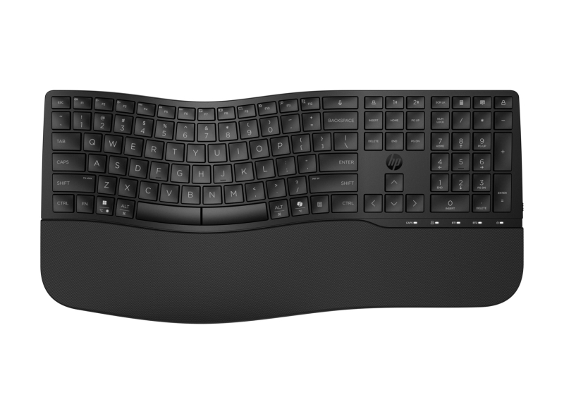 hp 685 teclado inalambrico ergonomico dual‑mode bluetooth 5.3 + 2.4ghz reposamuñecas acolchado 23 teclas programables 3 posiciones de inclinacion teclas silenciosas de bajo perfil autonomia hasta 36 meses color negro