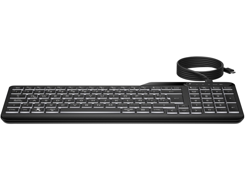 hp 405 teclado usb retroiluminado 12 teclas programables retroiluminacion led blanca con 3 niveles teclas silenciosas de perfil bajo inclinacion ajustable resistente a derrames color negro