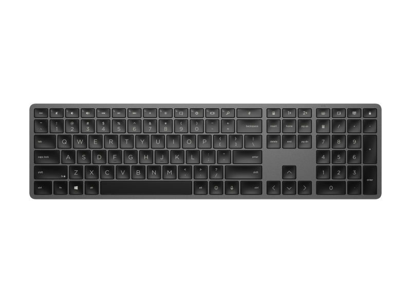 hp 975 teclado inalambrico dual‑mode bluetooth + 2.4ghz retroiluminacion inteligente ajustable conecta hasta 3 dispositivos 20+ teclas programables bateria recargable color negro