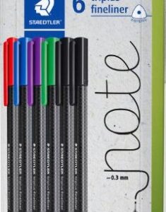 staedtler triplus fineliner 334 pack de 6 rotuladores de punta fina trazo de 0.3mm aprox. tinta antisecado a base de agua carcasa fabricada en un 97% de plastico reciclado colores surtidos