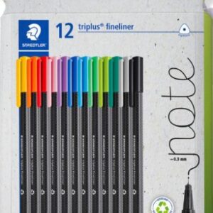 staedtler triplus fineliner 334 pack de 12 rotuladores de punta fina trazo de 0.3mm aprox. tinta antisecado a base de agua carcasa fabricada en un 97% de plastico reciclado colores surtidos