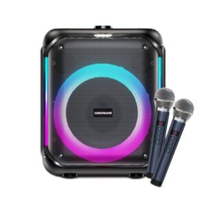 coolsound partybox altavoz karaoke 8" bluetooth 30w iluminacion rgb 2 microfonos inalambricos incluidos entrada para instrumentos y microfonos adicionales color negro