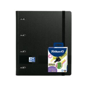 oxford europeanbinder live & go a4+ pack con carpeta tamaño a4+ con recambio de 100 hojas + pack con 4 marcadores pelikan testmarker 490 tapa de plastico polyfoam cierre con goma color negro