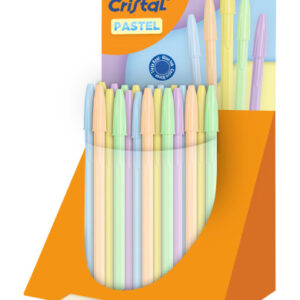 bic cristal pastel expositor con 40 boligrafos de bola cuerpo opaco en colores pastel punta redonda de 1mm trazo 0.4mm tinta con base de aceite color de la tinta azul