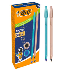 bic cristal glace pack con 20 boligrafos de bola cuerpo opaco en color azul metalizado mate y cobre mate punta redonda de 1mm trazo 0.4mm tinta con base de aceite color de la tinta 10x azul, 10x negro