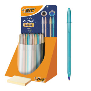 bic cristal glace expositor con 40 boligrafos de bola cuerpo opaco en colores metalizados mate punta redonda de 1mm trazo 0.4mm tinta con base de aceite color de la tinta azul y negro