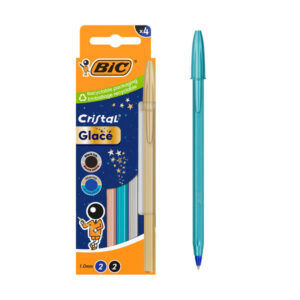 bic cristal glace pack con 4 boligrafos de bola cuerpo opaco en colores metalizados mate punta redonda de 1mm trazo 0.4mm tinta con base de aceite color de la tinta azul y negro