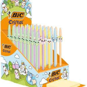bic cristal pastel figurines expositor con 40 boligrafos de bola cuerpo opaco en colores pastel con figuras de animales punta redonda de 1mm trazo 0.4mm tinta con base de aceite color de la tinta azul