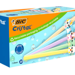 bic cristal pastel figurines pack con 20 boligrafos de bola cuerpo opaco en colores pastel con figuras de animales punta redonda de 1mm trazo 0.4mm tinta con base de aceite color de la tinta azul
