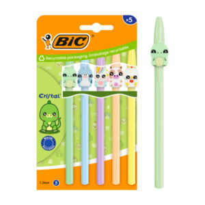 bic cristal pastel figurines pack con 5 boligrafos de bola cuerpo opaco en colores pastel con figuras de animales punta redonda de 1mm trazo 0.4mm tinta con base de aceite color de la tinta azul