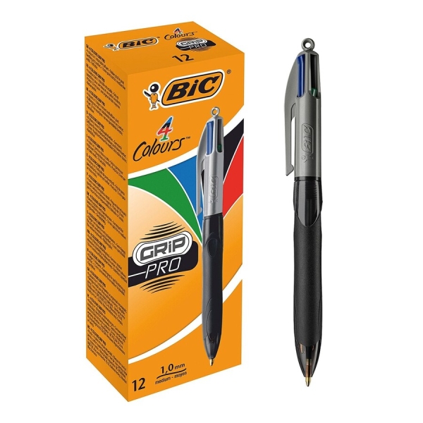 bic 4 colours grip pro boligrafo de bola retractil punta de 1mm trazo de 0.4mm tinta con base de aceite cuerpo negro con grip de agarre 4 colores