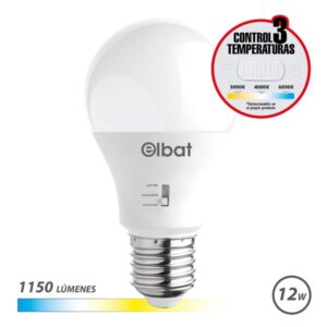 elbat bombilla led a60 12w 1150lm e27 selector de luz calida 3000k, blanca 4000k y fria 6500k