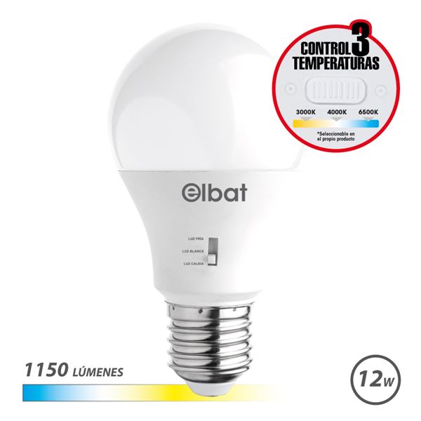 elbat bombilla led a60 12w 1150lm e27 selector de luz calida 3000k, blanca 4000k y fria 6500k