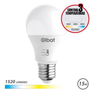 elbat bombilla led a60 15w 1520lm e27 selector de luz calida 3000k, blanca 4000k y fria 6500k