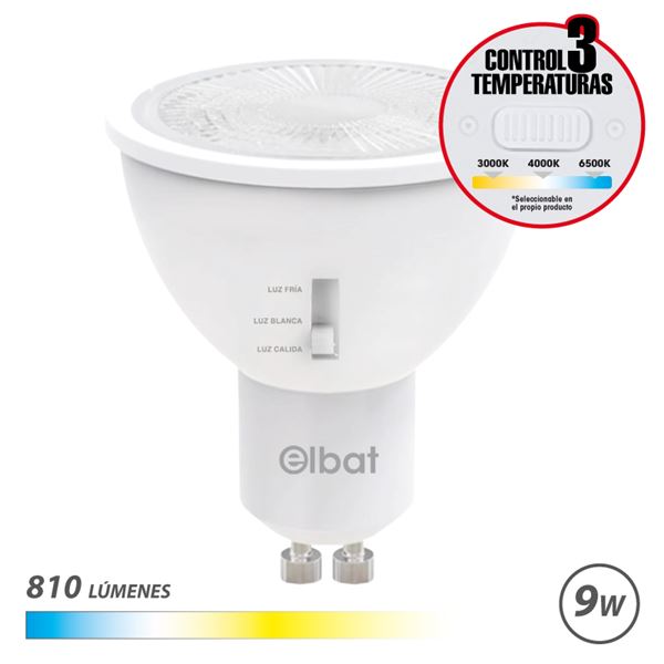 elbat bombilla led gu10 9w 810lm selector de luz calida 3000k, blanca 4000k y fria 6500k