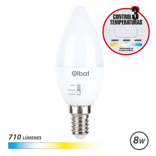 elbat bombilla led c37 8w 710lm e14 selector de luz calida 3000k, blanca 4000k y fria 6500k