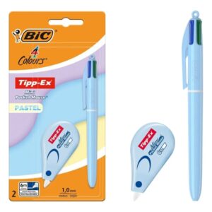 bic 4 colours pastel pack con 1 boligrafo de bola retractil 4 colores + corrector tipp ex mini pocket mouse pastel 5mmx6m punta media de 1.0mm tinta con base de aceite cuerpo en color pastel 4 colores de tinta
