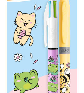 bic 4 colours decors kawaii pack con 1 boligrafo de bola retractil pastel + 1 marcador highlighter grip pastel de color aleatorio punta media de 1.0mm tinta con base de aceite cuerpo decorado con dibujos kawaii colores surtidos