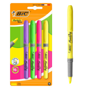 bic highlighter grip pack con 4 marcadores fluorescentes punta biselada trazo entre 1.60 y 3.30 mm grip texturizado colores surtidos