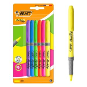 bic highlighter grip pack con 6 marcadores fluorescentes punta biselada trazo entre 1.60 y 3.30 mm grip texturizado colores surtidos