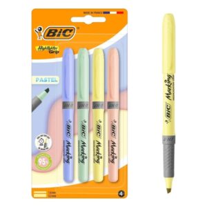 bic highlighter grip pack con 4 marcadores fluorescentes pastel punta biselada trazo entre 1.60 y 3.30 mm grip texturizado colores surtidos