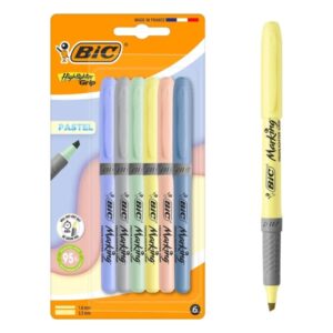 bic highlighter grip pastel pack con 6 marcadores fluorescentes pastel punta biselada trazo entre 1.60 y 3.30 mm grip texturizado colores surtidos