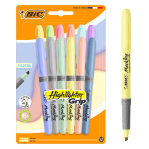 bic highlighter grip pastel pack con 12 marcadores fluorescentes pastel punta biselada trazo entre 1.60 y 3.30 mm grip texturizado colores surtidos