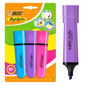 bic marking highlighter flat pack de 3 marcadores fluorescentes punta biselada trazo entre 1.20 y 4.60 mm tinta con base de agua colores surtidos