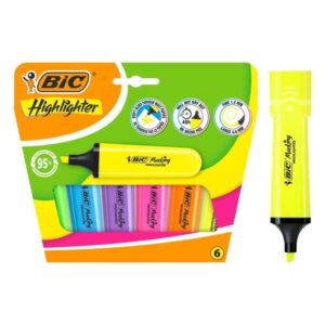 bic marking highlighter flat pack de 6 marcadores fluorescentes punta biselada trazo entre 1.20 y 4.60 mm tinta con base de agua colores surtidos
