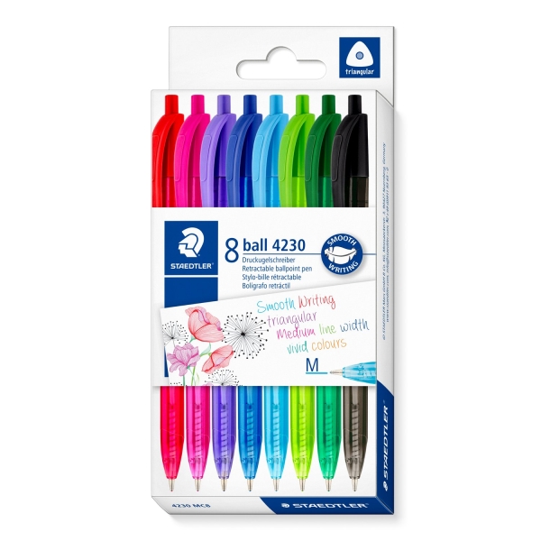 staedtler 4230 m pack con 8 boligrafos retractiles punta 1mm ancho de linea medio diseño triangular colores surtidos