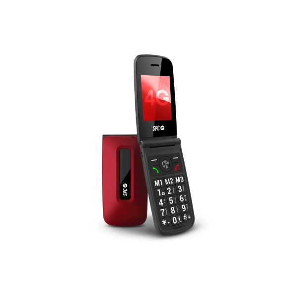 spc titan 2 telefono movil 4g para mayores con tapa pantalla 2.4" cristal antirayaduras teclas xl con voz timbre extra alto 104 db boton sos e ice smart help resistencia ip44 una semana de bateria color rojo