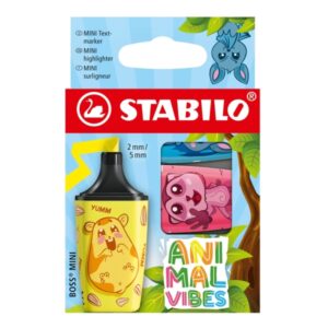 stabilo boss mini animal vibes pack de 3 mini marcadores fluorescentes trazo entre 2 y 5mm tinta con base de agua antisecado colores surtidos